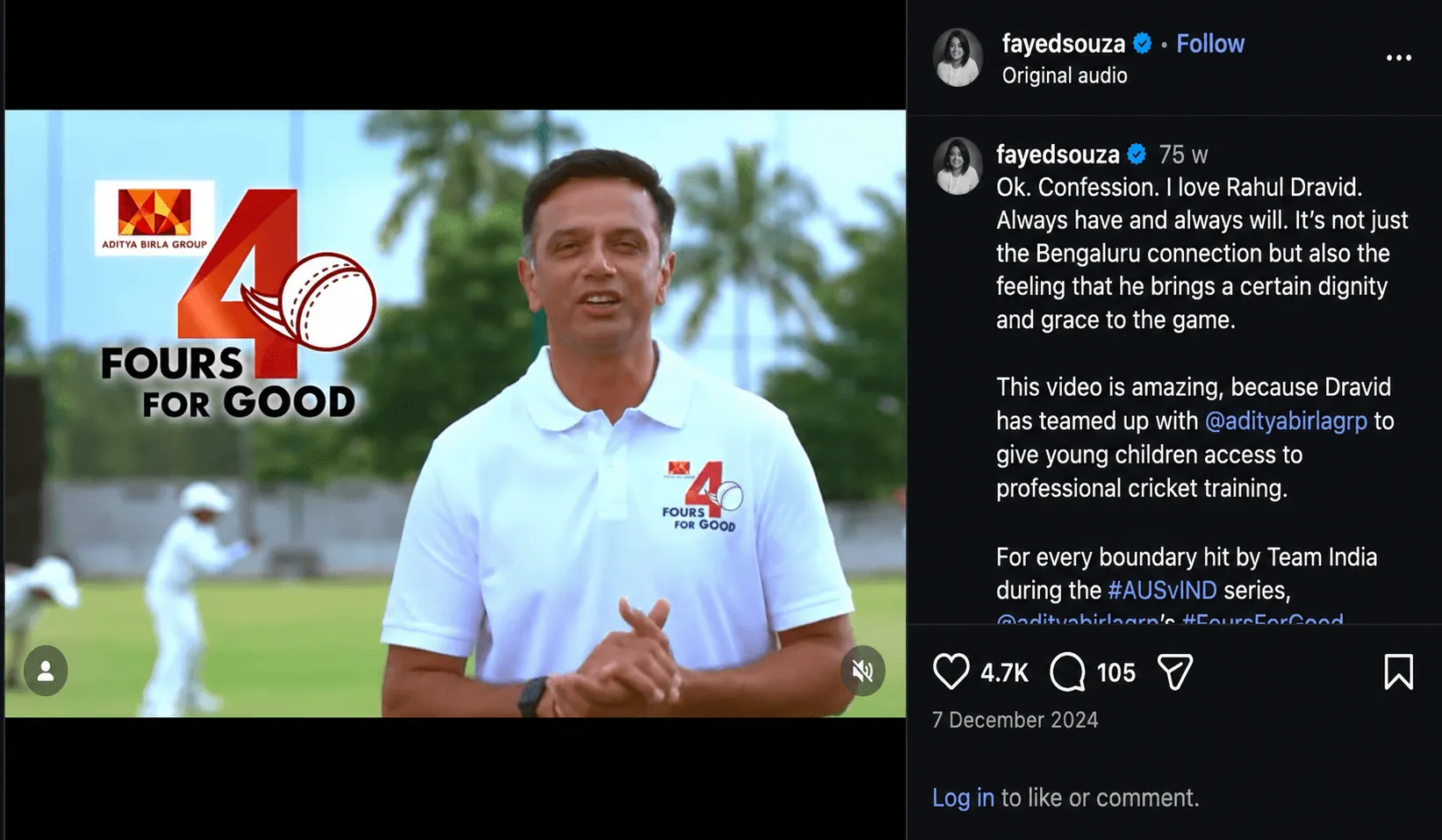 Fours for Good campaign social post featuring Rahul Dravid - Impulse Digital Marketing Case Study